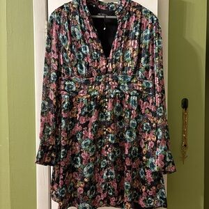 Zara Long Sleeve Floral Dress in Black, Pink, Teal, Gold